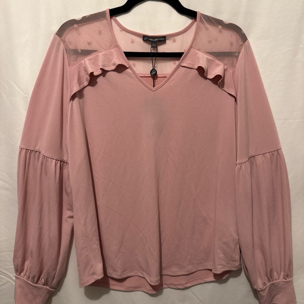 Adrianna Papell Blush V-Neck Blouse with Sheer Ruffles